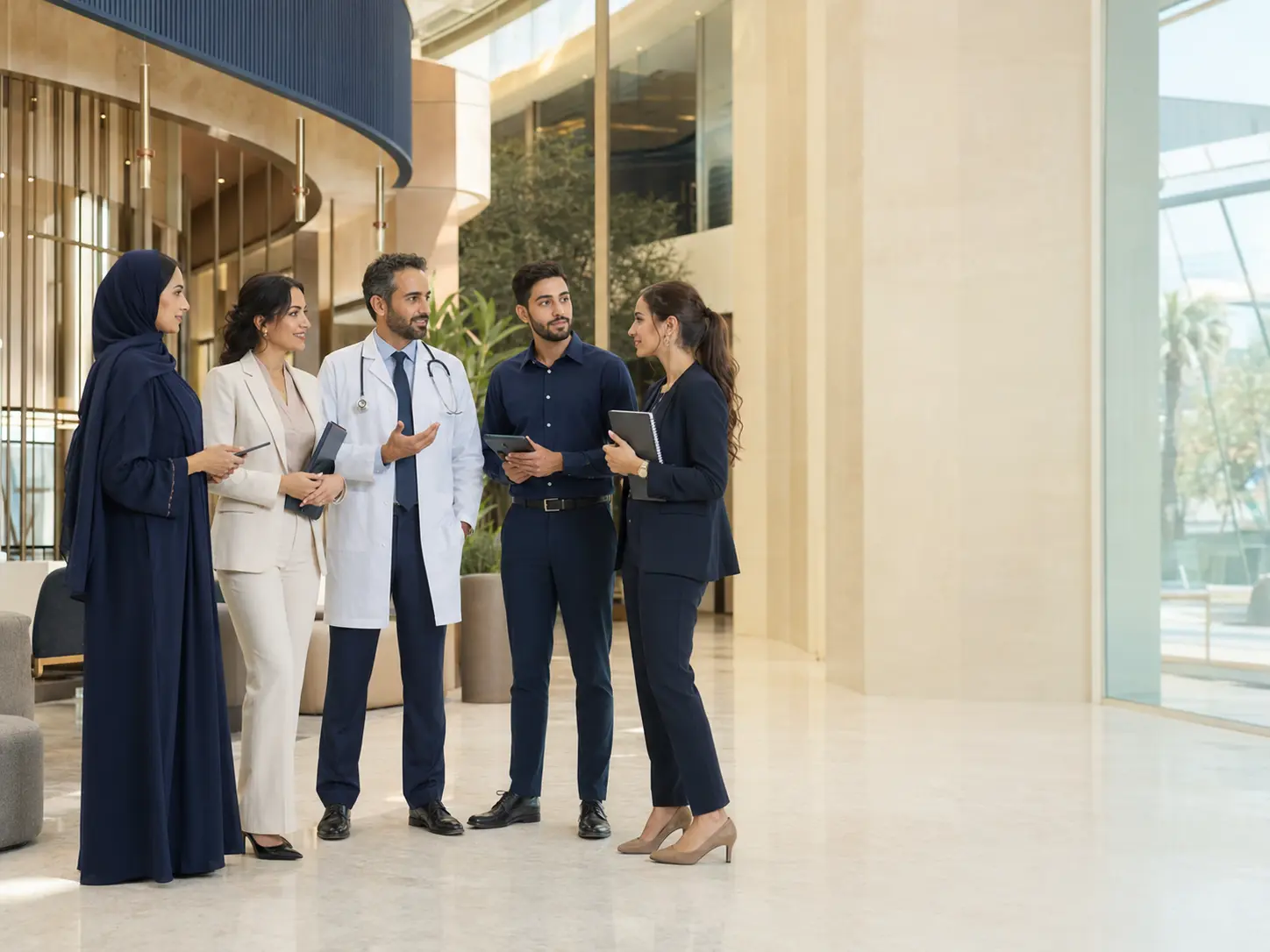 Diverse Emirates Medical Management team in a modern healthcare environment