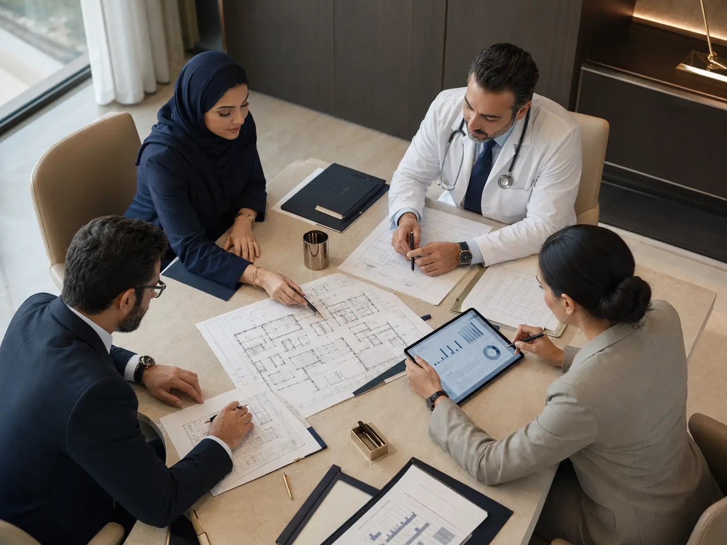 Healthcare operations team reviewing facility plans and performance information